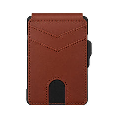 Light brown wallet front with two stitched card pockets and a lower thumb-access notch on a white background.