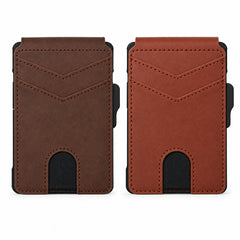 Dark-brown and light-brown wallets shown closed and front-facing, side by side on a white background.