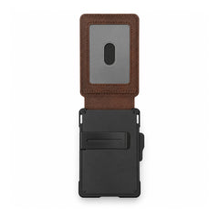 Dark brown wallet open interior with ID window and black card-holder clip on a white background.