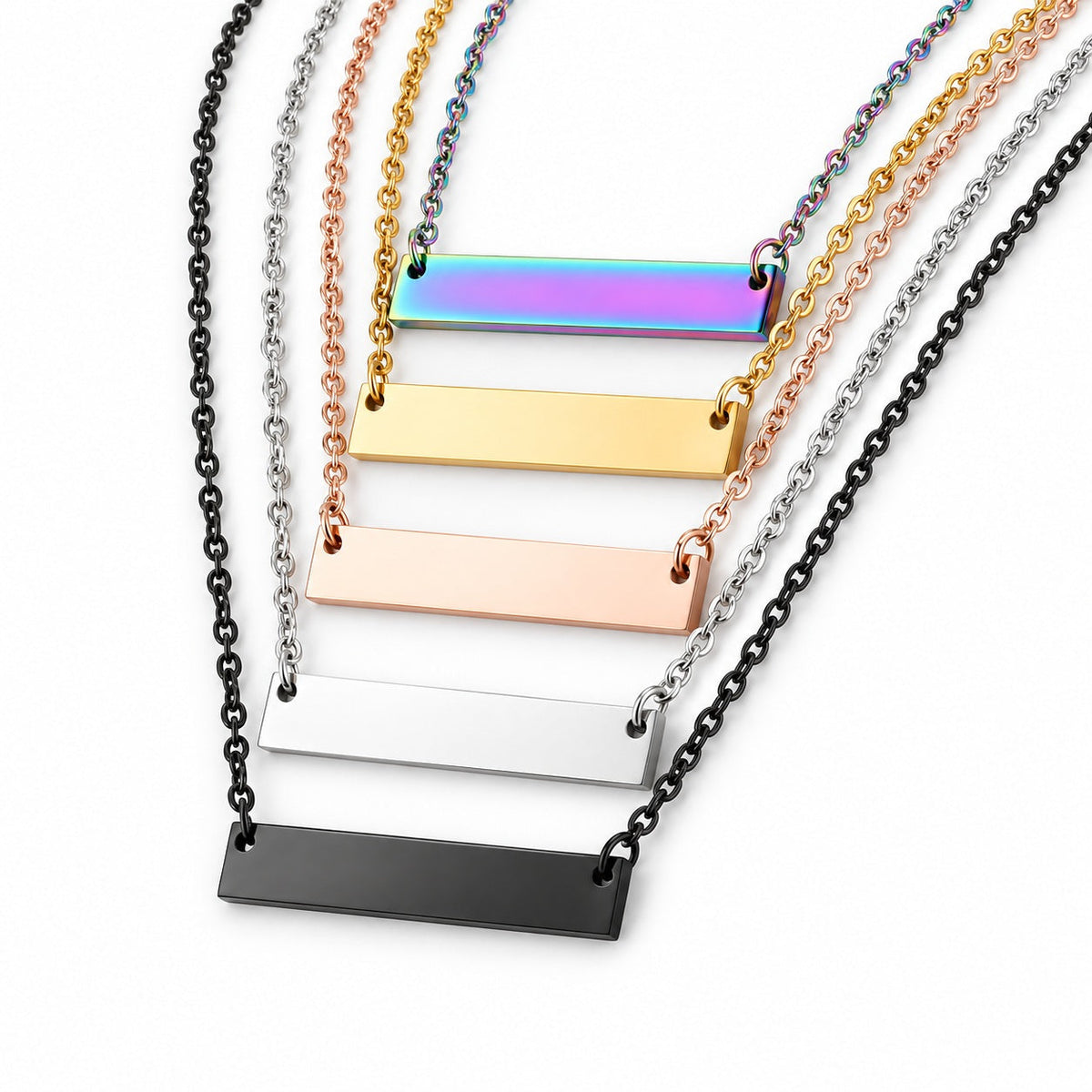 Five available bar necklace finishes: Rainbow, Gold, Rose Gold, Silver, and Black. Each purchase includes one necklace.