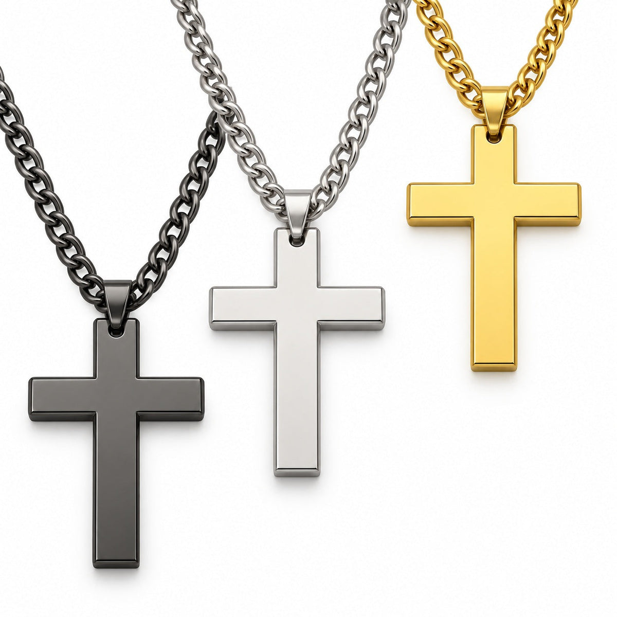 Gold, Silver and Black Flat Cross Necklace with Bold Chain finish options before engraving; one necklace per purchase