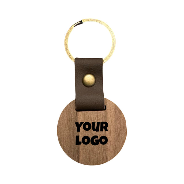 Wood Keychain – Round with Leather Accent (4cm Diameter)