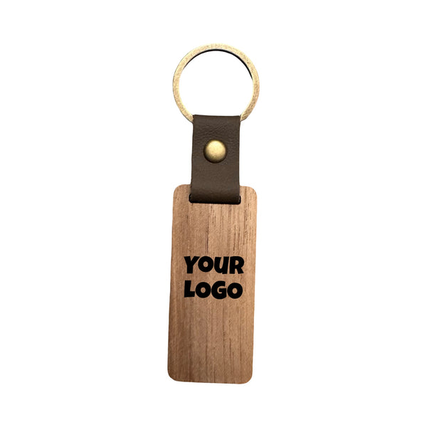 Wood Keychain – Rectangle with Leather Accent (7cm x 3cm)