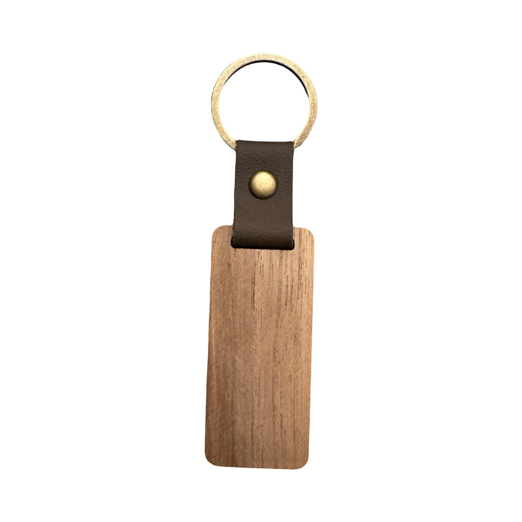 Wood Keychain – Rectangle with Leather Accent (7cm x 3cm)