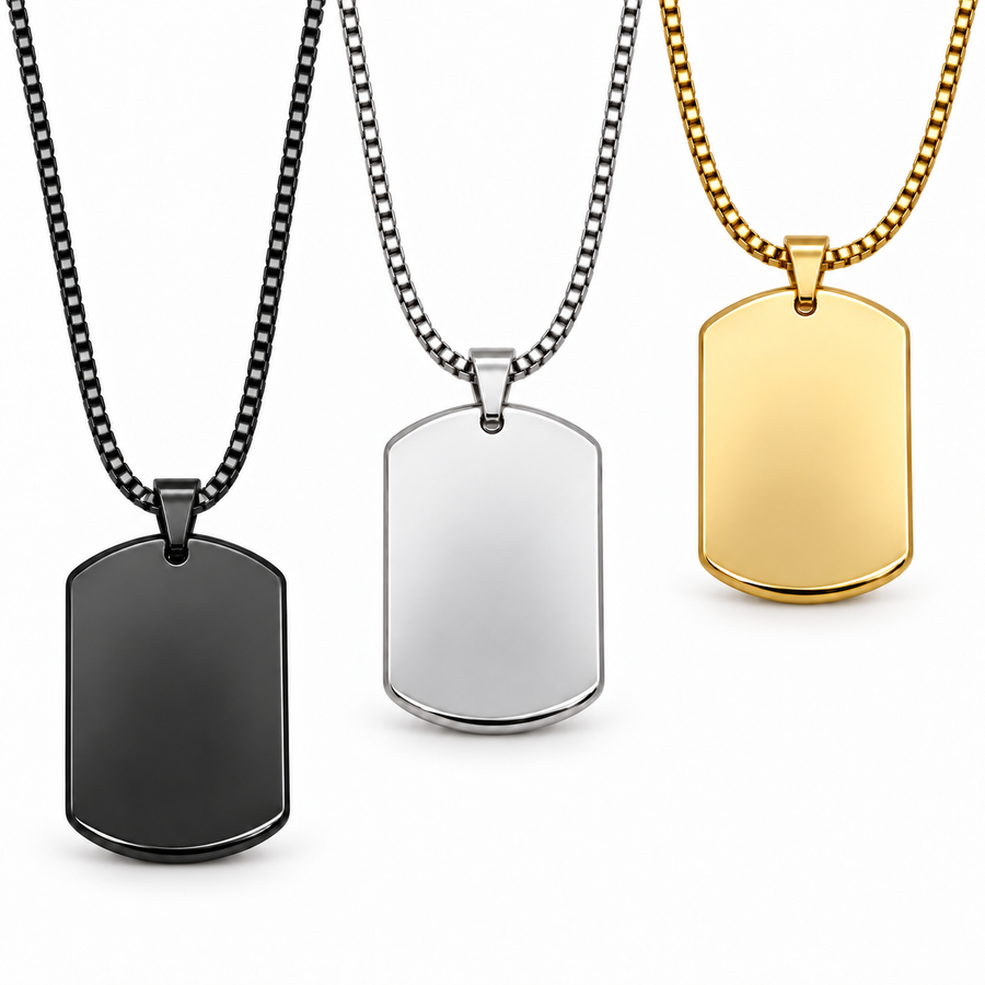 Dog Tag Necklace finish choices in Silver, Black and Gold; one necklace included.