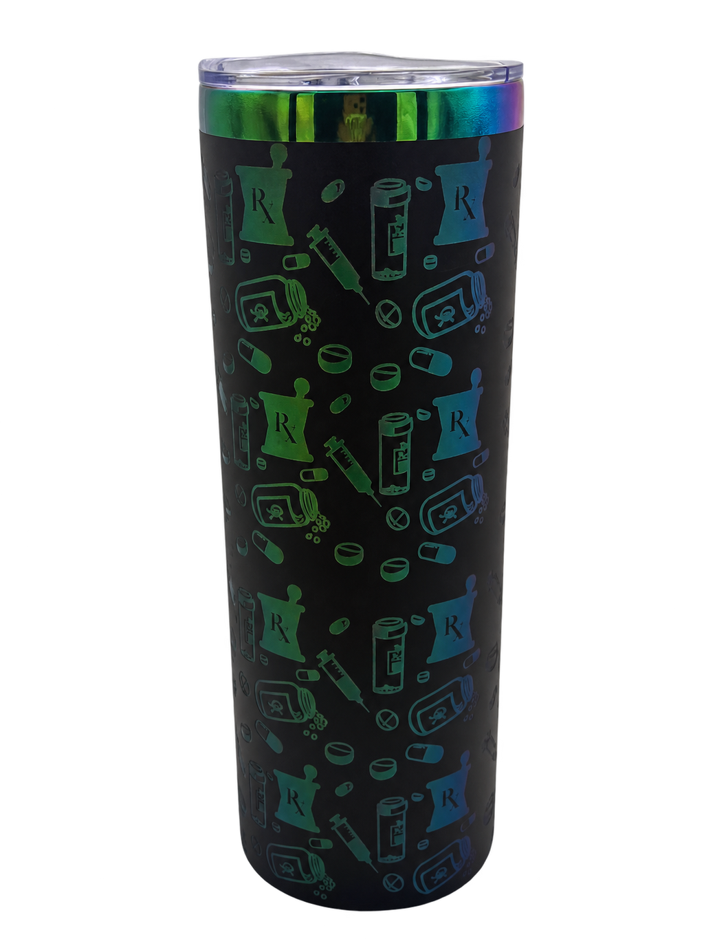 Rx mortar and pestle, pills and syringes engraved around the tumbler