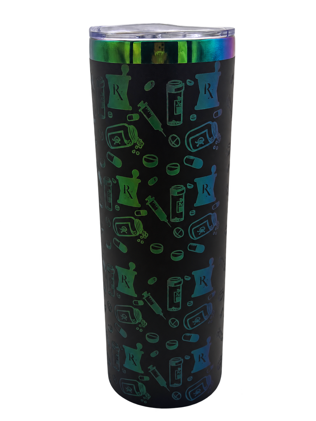 Rx mortar and pestle, pills and syringes engraved around the tumbler