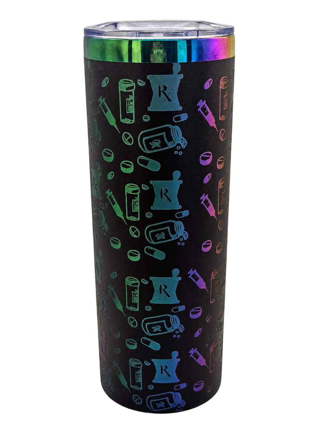 Black 20oz skinny tumbler with rainbow engraved pharmacy icons, front view
