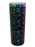 Black 20oz skinny tumbler with rainbow engraved pharmacy icons, front view