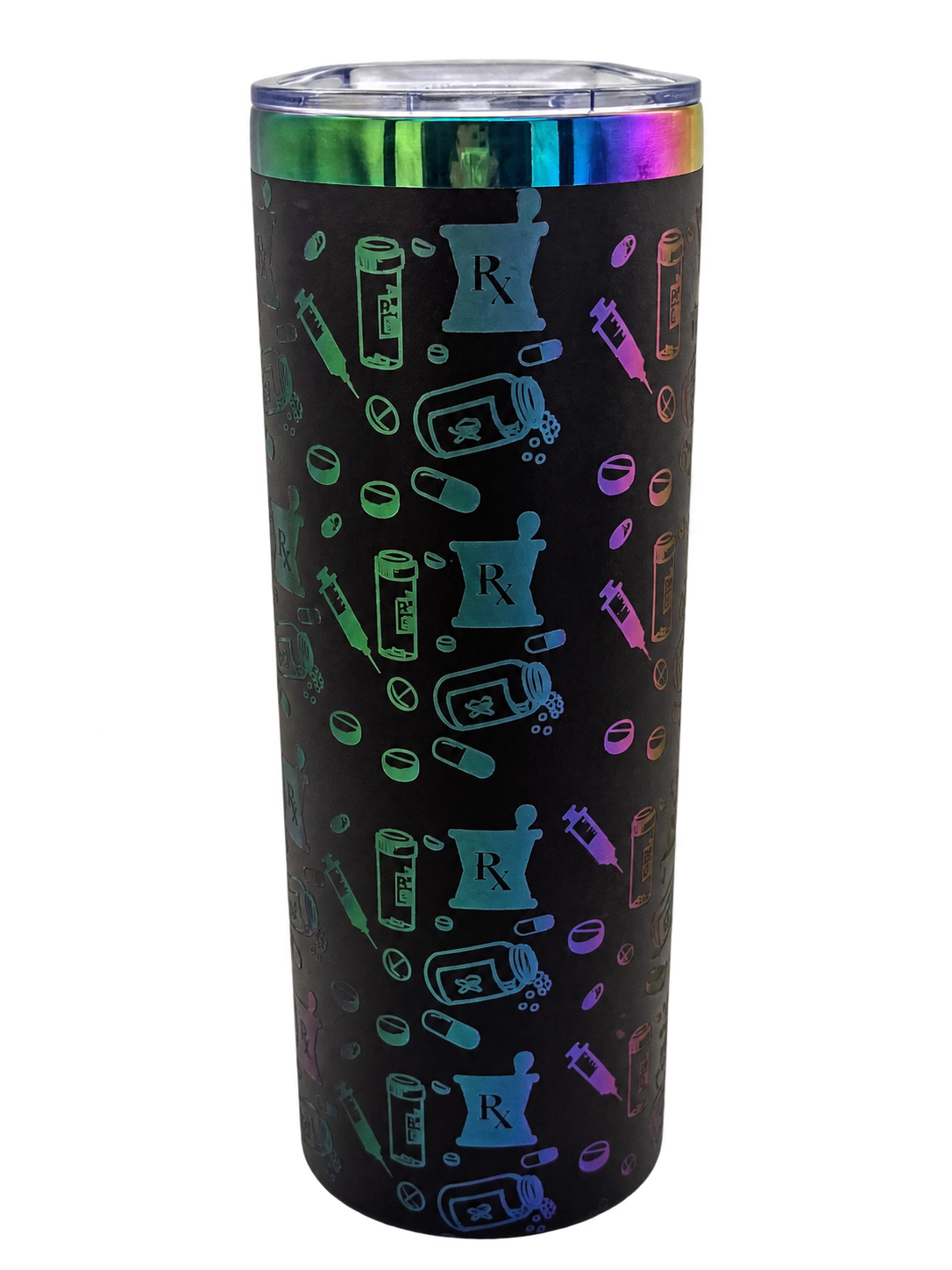Black 20oz skinny tumbler with rainbow engraved pharmacy icons, front view