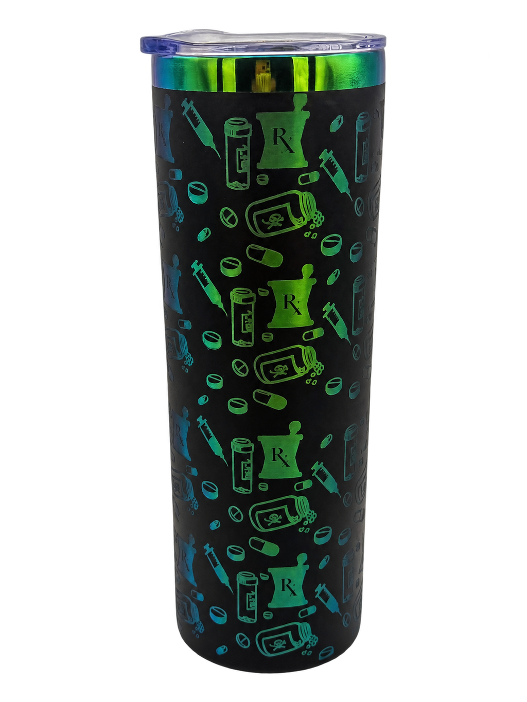 Side view of rainbow pharmacy engraving on a black 20oz skinny tumbler