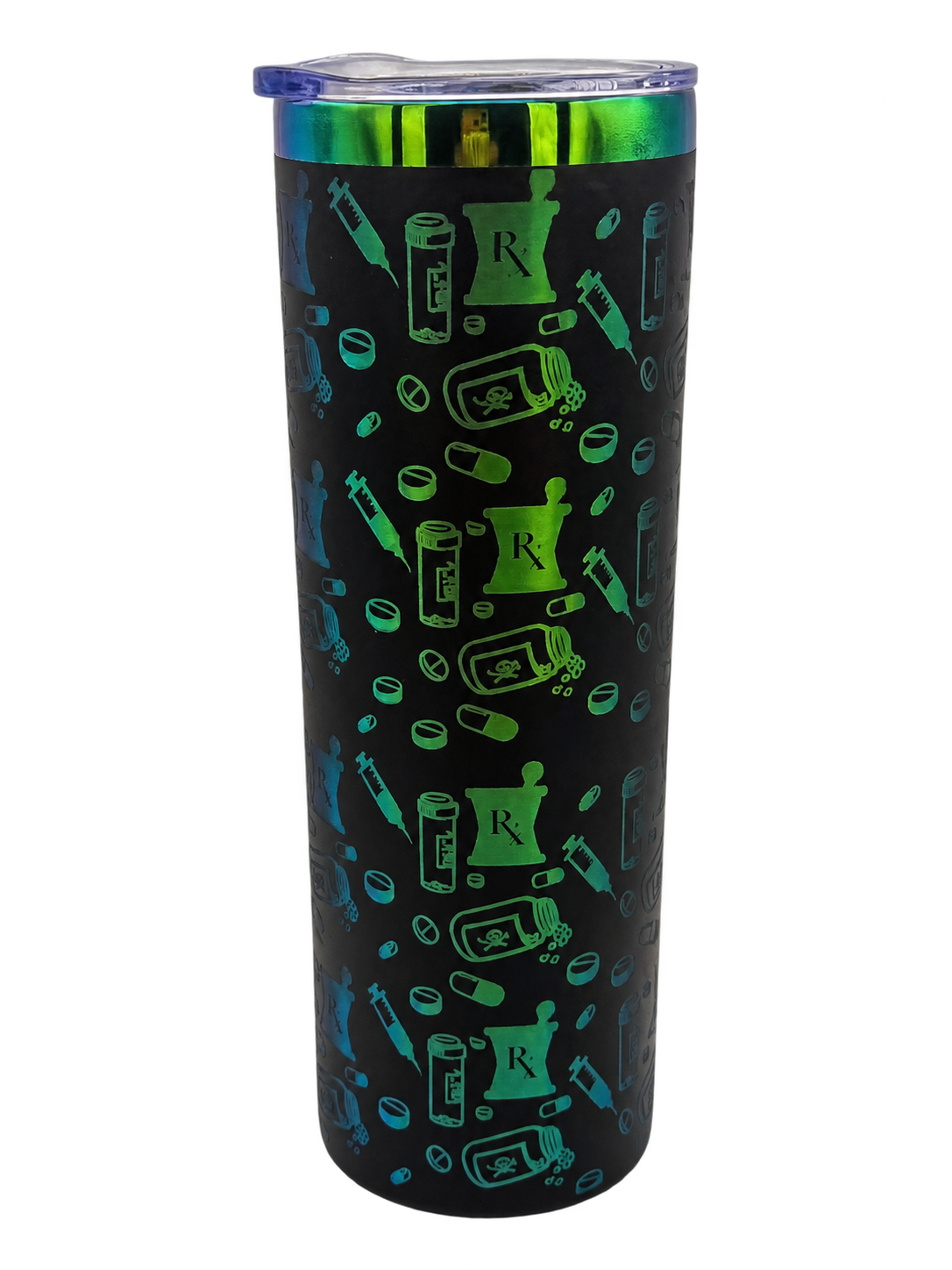 Side view of rainbow pharmacy engraving on a black 20oz skinny tumbler