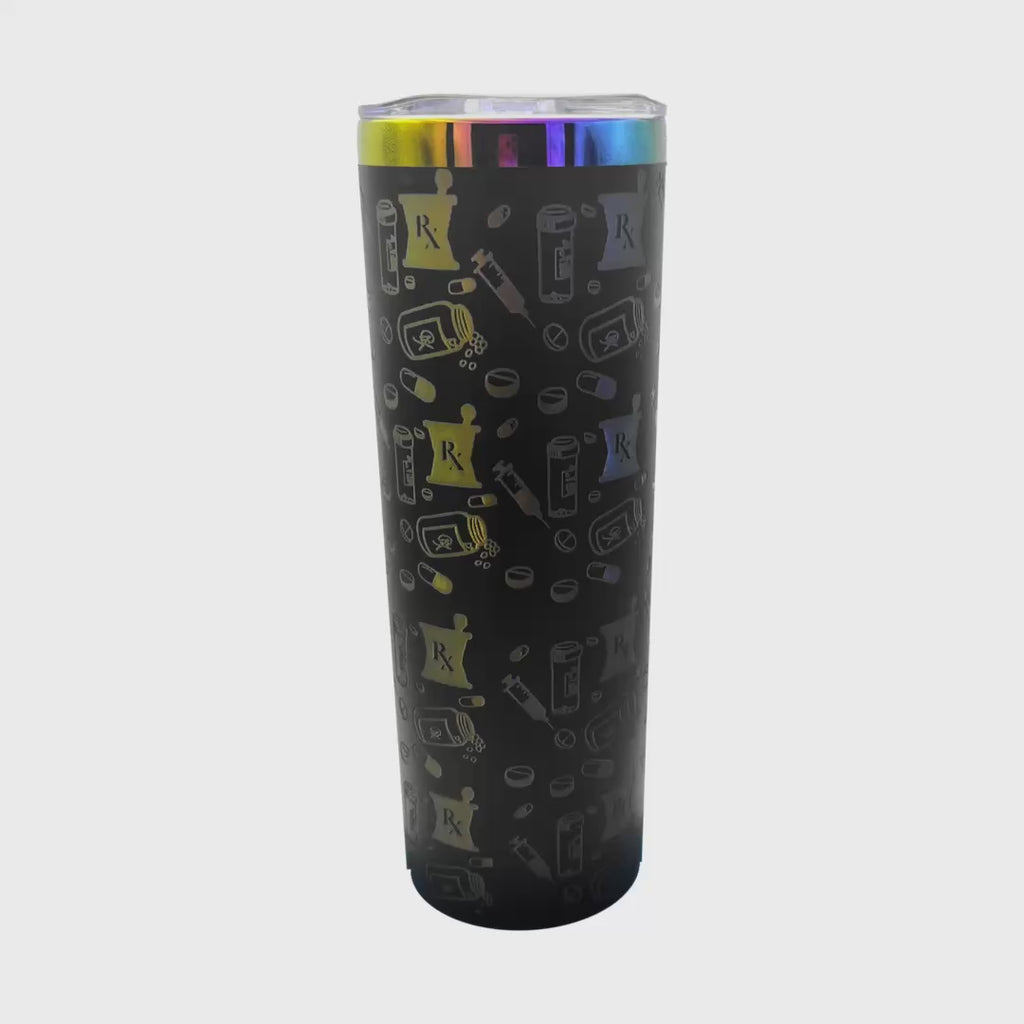 Rotating view of the black 20oz skinny tumbler with rainbow pharmacy engraving