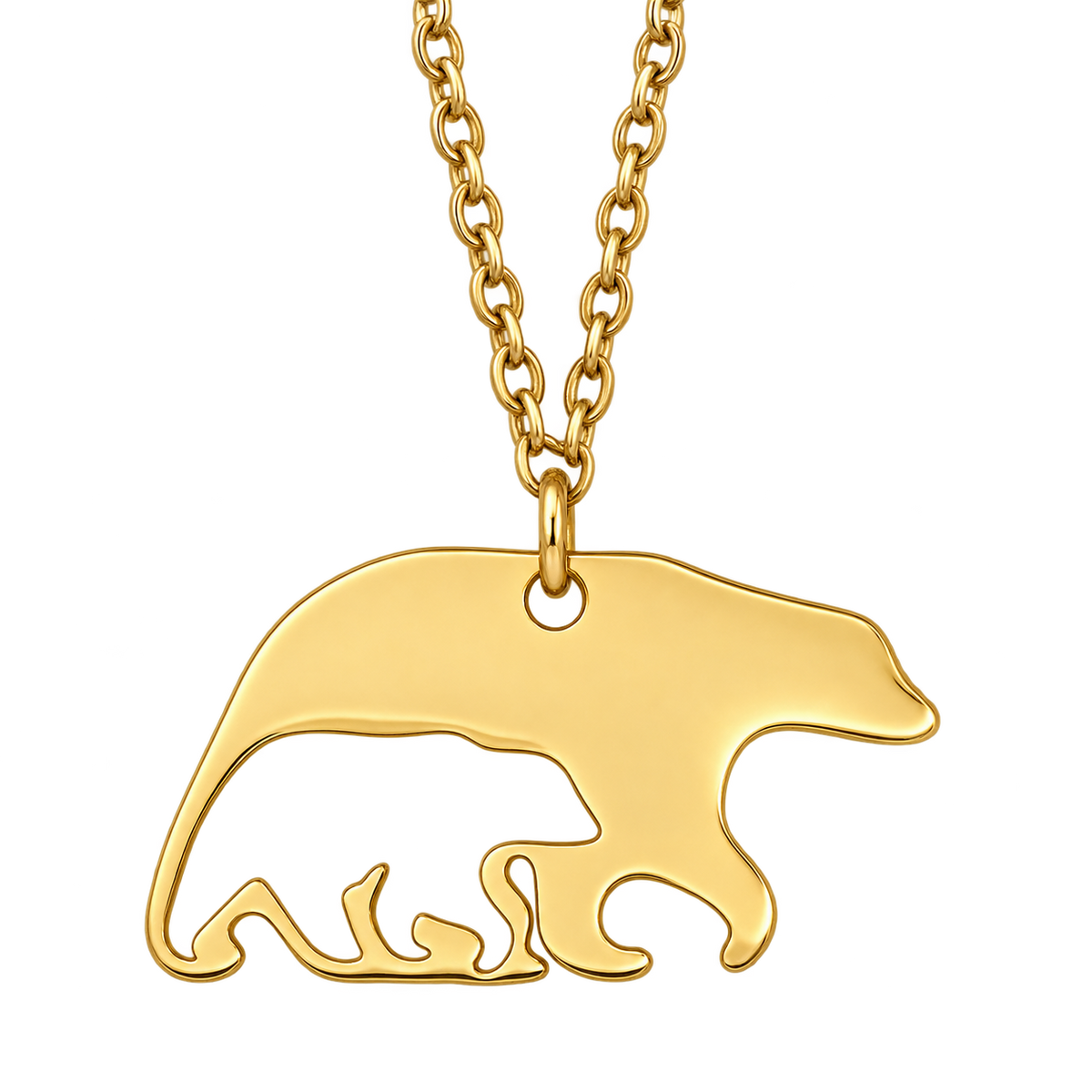 Gold Bear Cub Necklace, bear facing right. Blank upper body for a separate digital engraving overlay.