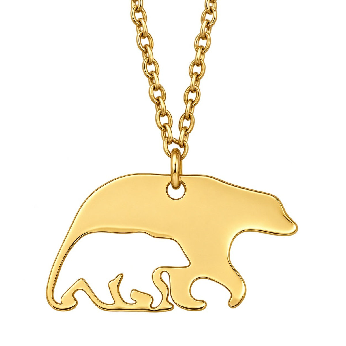 Gold Bear Cub Necklace pendant closeup, bear facing right with a cub-shaped cutout and matching chain.