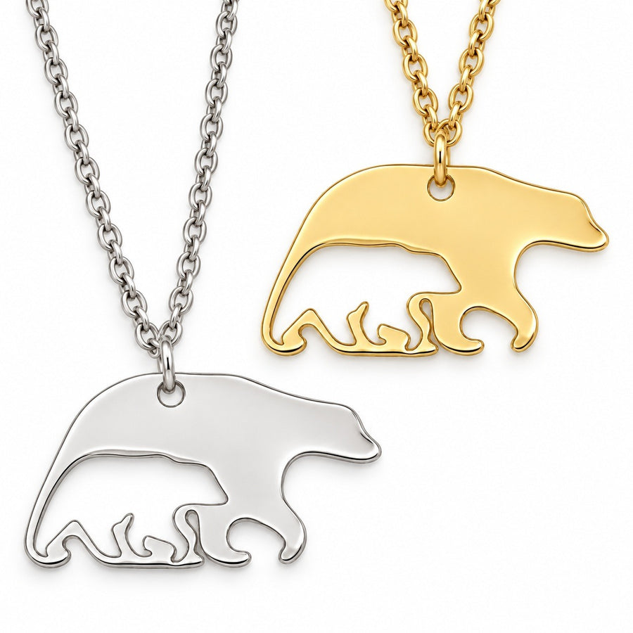 Gold and Silver Bear Cub Necklace finishes. Each purchase includes one necklace with a pouch, not two necklaces.