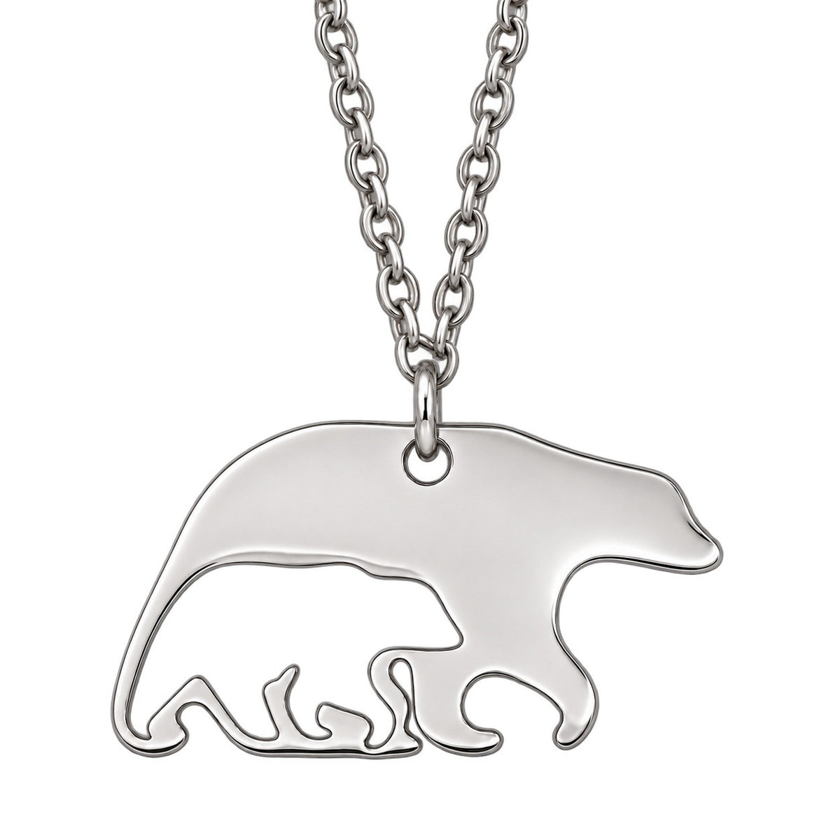 Silver Bear Cub Necklace pendant closeup, bear facing right with a cub-shaped cutout and matching chain.