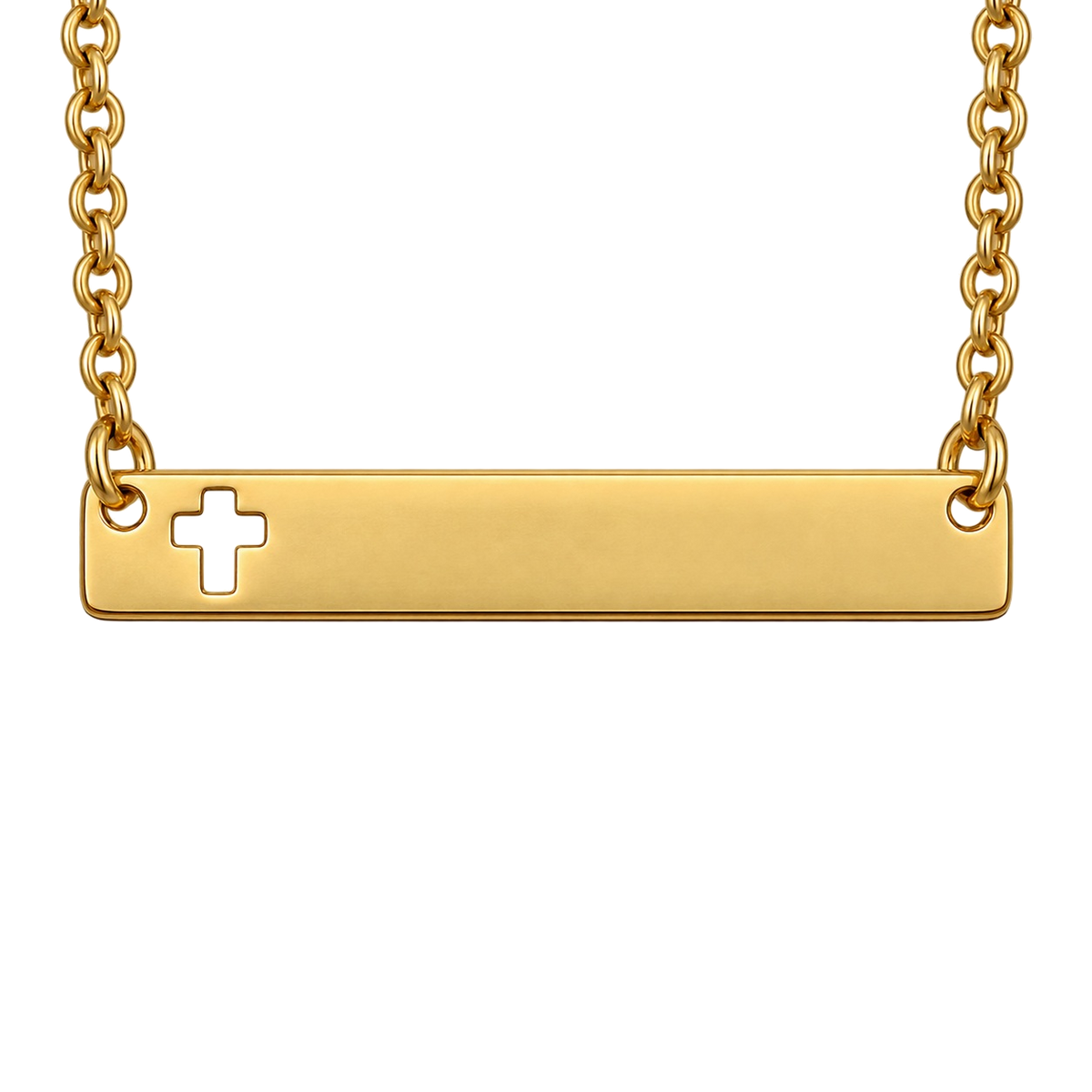Gold Cross Bar Necklace close-up with cross cutout on the left, blank before personalization.