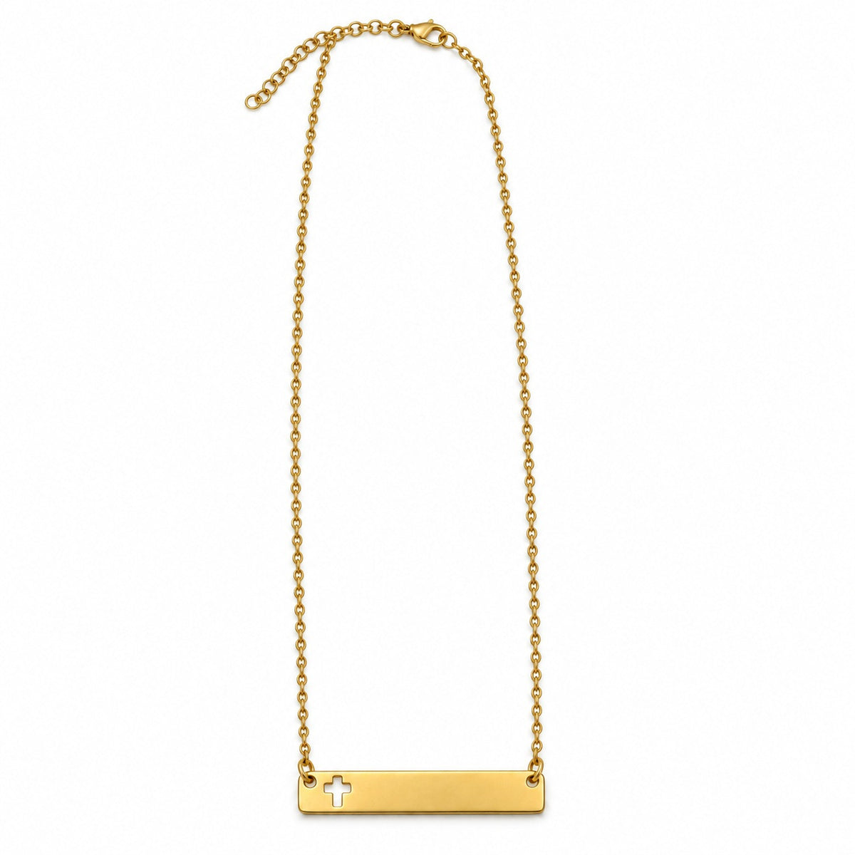 Gold Cross Bar Necklace shown with its full chain and clasp. Gallery photo only.