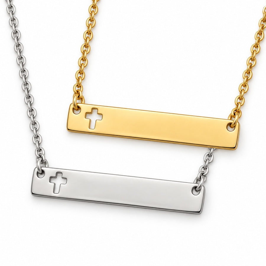 Gold and Silver Cross Bar Necklace finishes. Each purchase includes one necklace, not two.