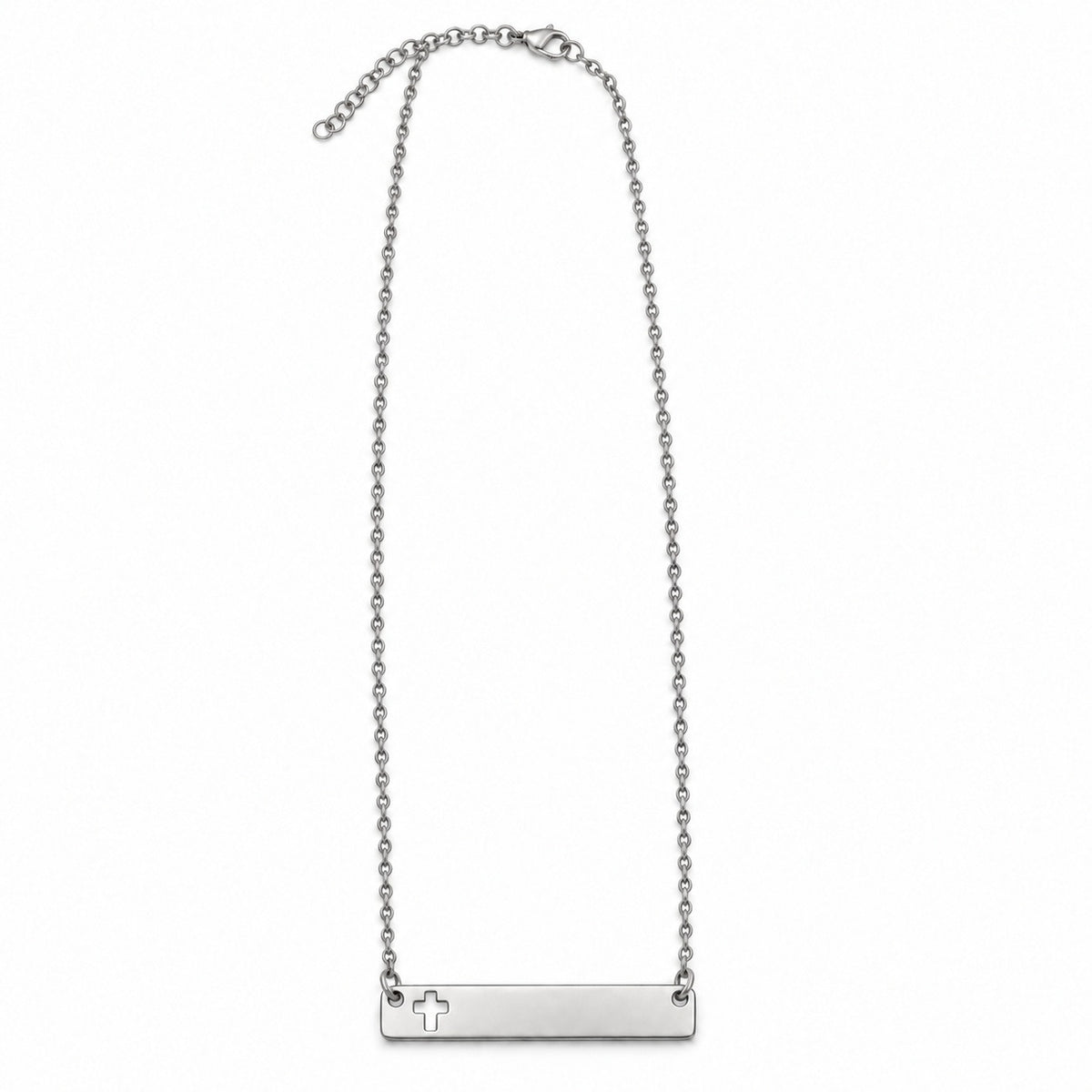 Silver Cross Bar Necklace shown with its full chain and clasp. Gallery photo only.