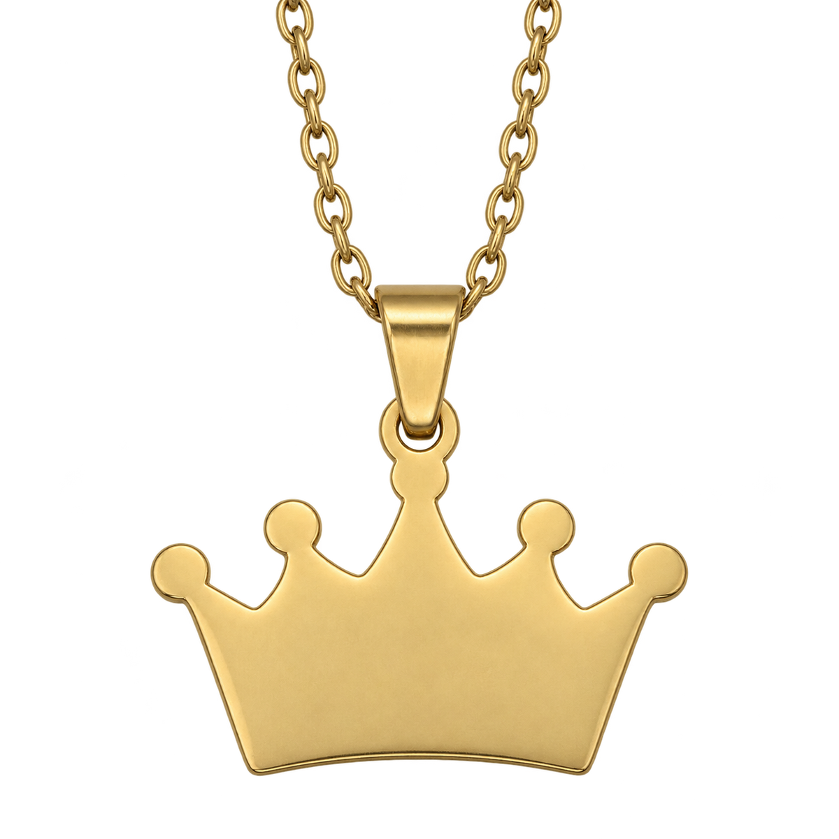 Gold Crown Necklace close-up with a blank five-point crown face, central bail and matching chain.