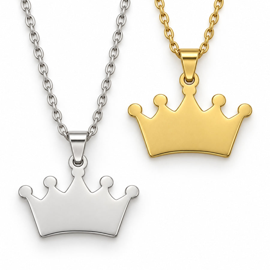 Gold and Silver Crown Necklace finishes. Each purchase includes one necklace with a pouch, not two necklaces.