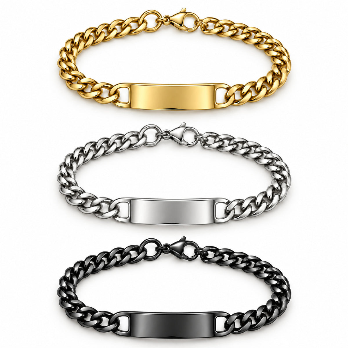 Curb-Chain ID Bracelet in gold, silver, black, each shown as a complete oval bracelet loop with visible clasp hardware on a white background. Each purchase includes one bracelet in the selected finish, not the full set.