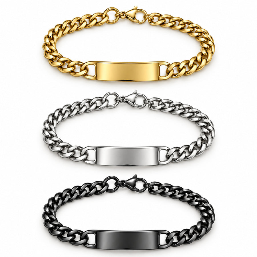 Curb-Chain ID Bracelet in gold, silver, black, each shown as a complete oval bracelet loop with visible clasp hardware on a white background. Each purchase includes one bracelet in the selected finish, not the full set.