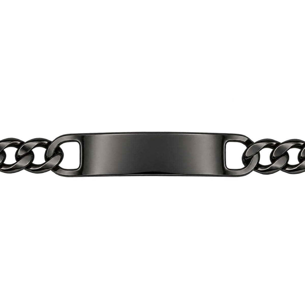 Black curb-chain id bracelet closeup with a blank engraving plate.