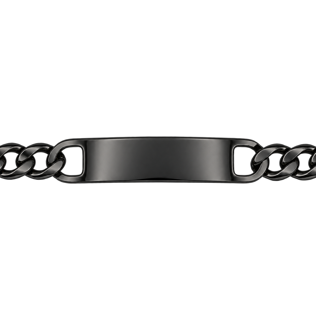 Black curb-chain id bracelet closeup with a blank engraving plate.