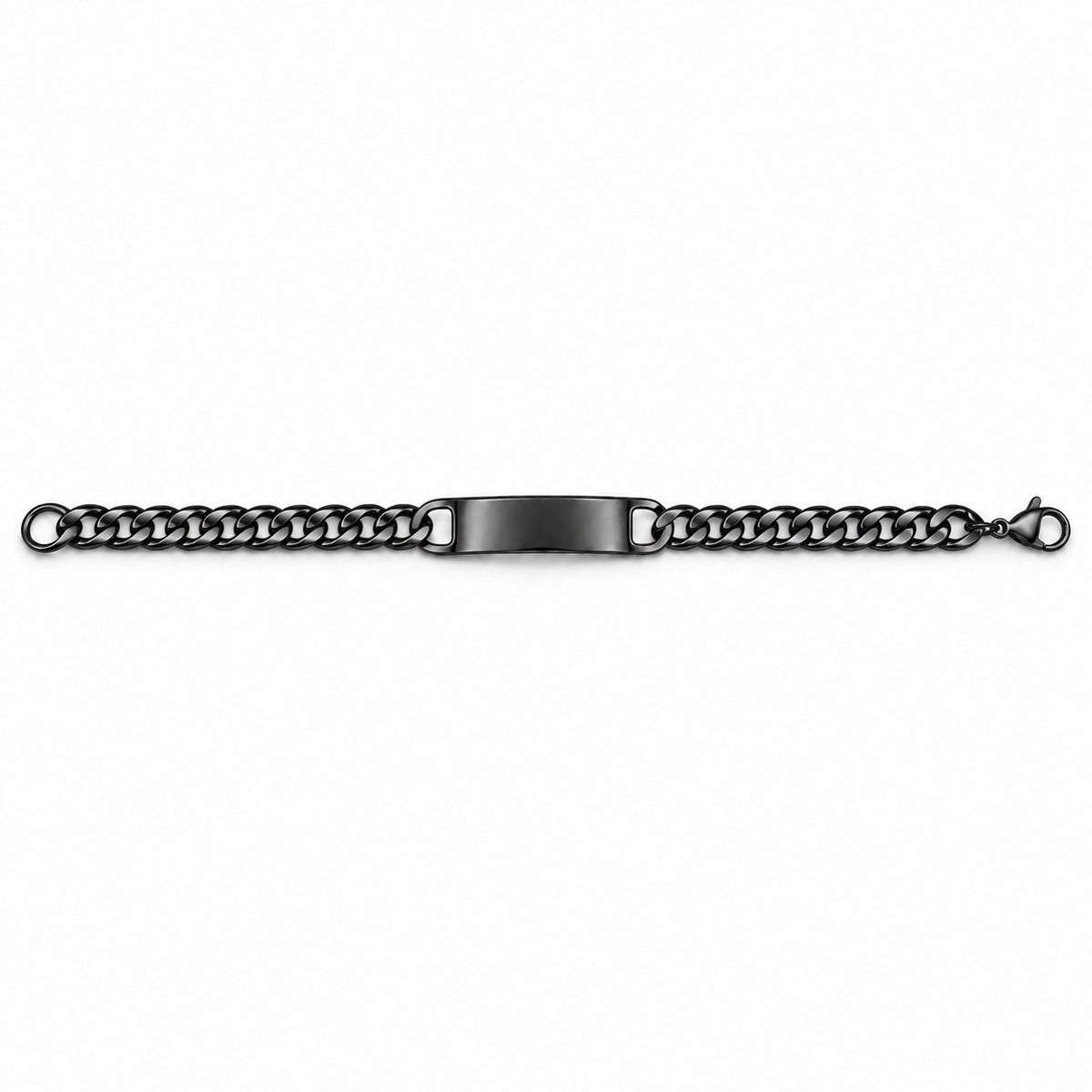 Complete black curb-chain id bracelet laid open horizontally on a white background, with clasp and end hardware visible.