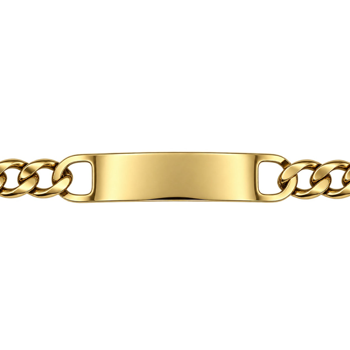 Gold curb-chain id bracelet closeup with a blank engraving plate.