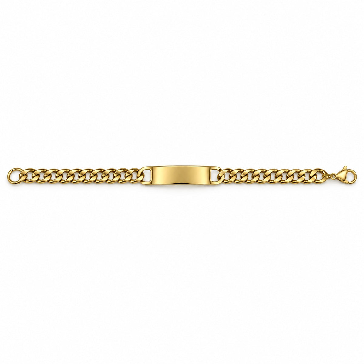 Complete gold curb-chain id bracelet laid open horizontally on a white background, with clasp and end hardware visible.