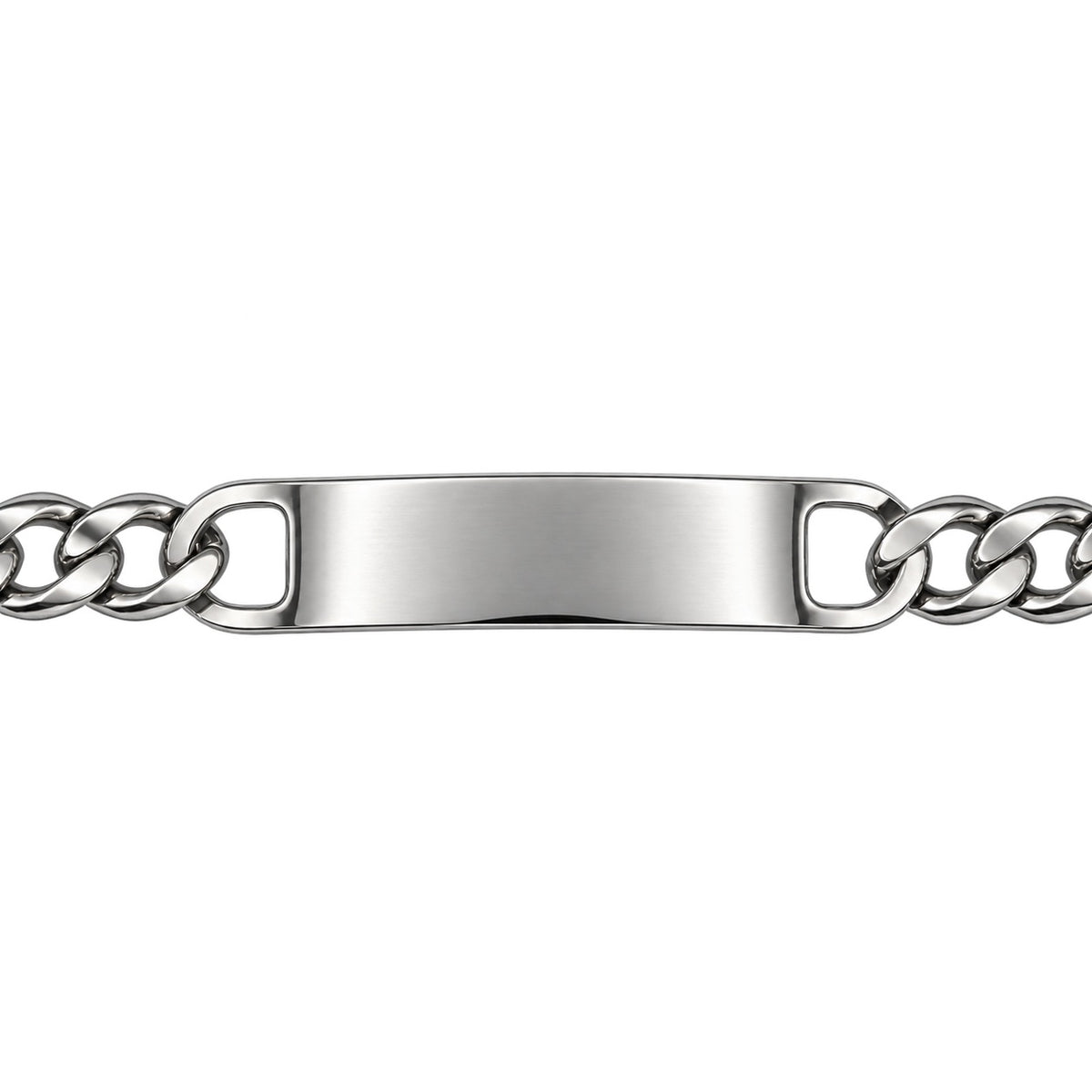 Silver curb-chain id bracelet closeup with a blank engraving plate.