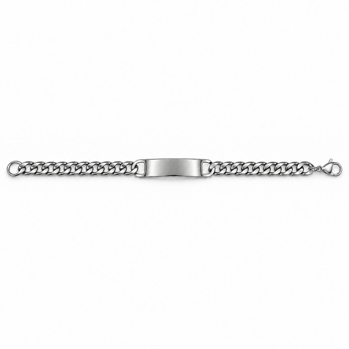 Complete silver curb-chain id bracelet laid open horizontally on a white background, with clasp and end hardware visible.
