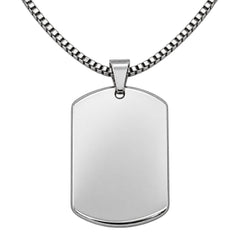 silver closeup Dog Tag Necklace. Source-guided retouched reference; blank before personalization.
