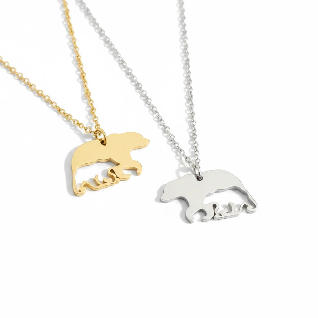 Roco Engraving gold and silver stainless steel bear and cub pendant necklaces with mirror finish on 18-inch chains