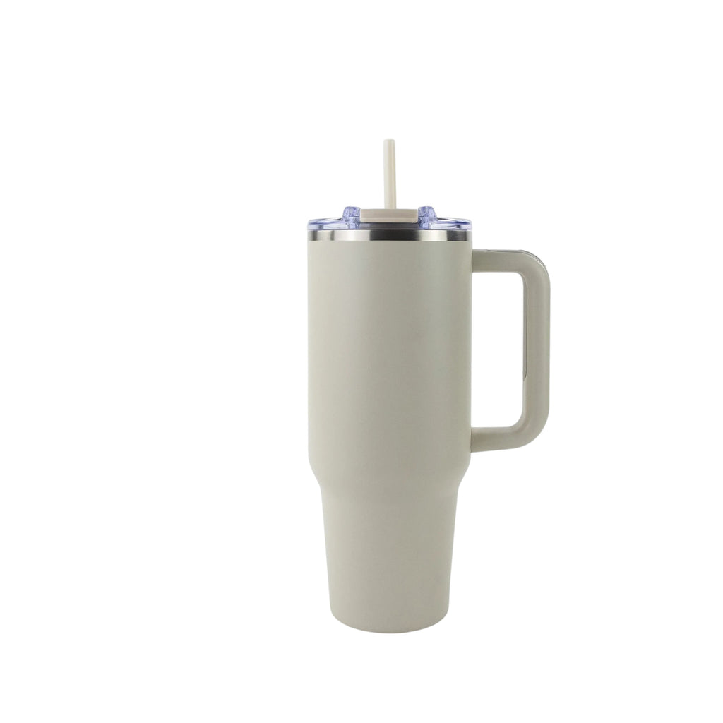 Roco Engraving 40oz beige insulated tumbler with handle, clear lid, and straw for custom laser engraving.