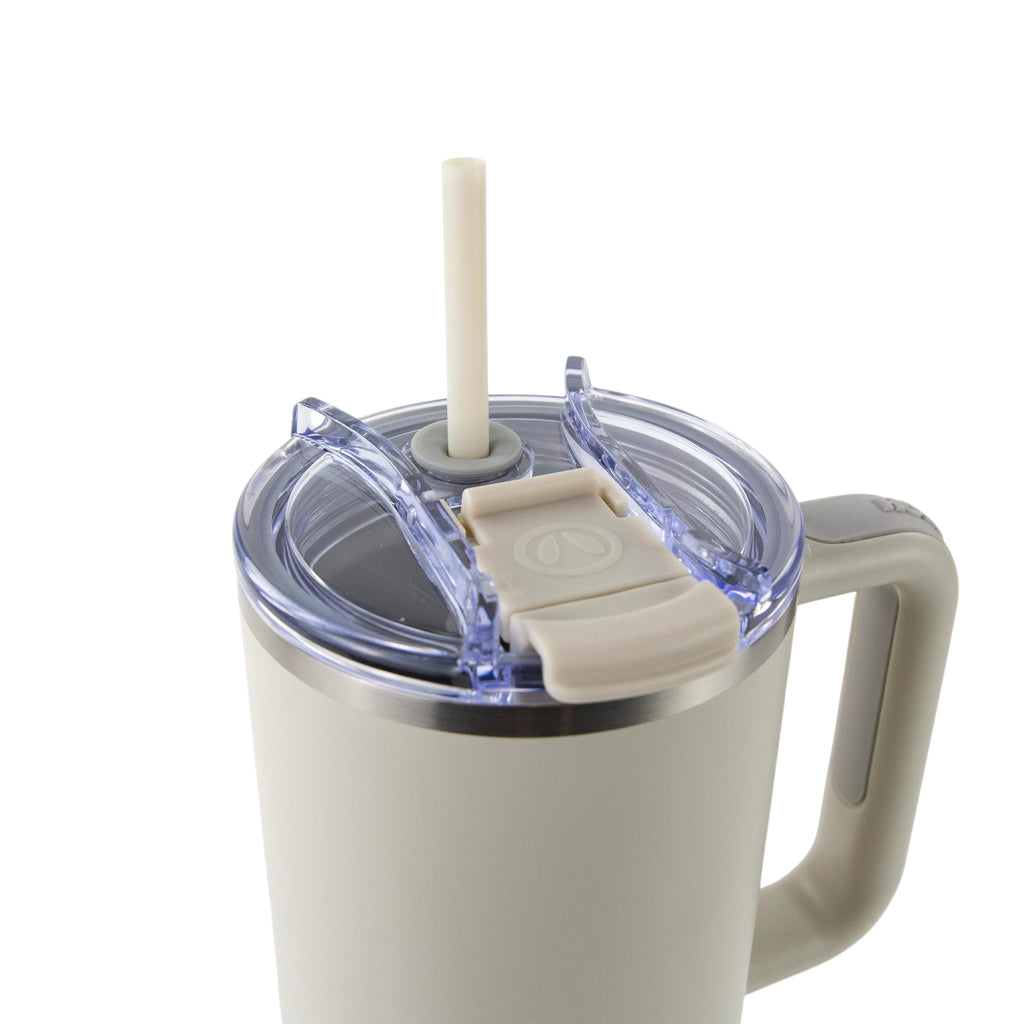 Roco Engraving 40oz beige Big Swig tumbler with a clear lid, straw, and ergonomic handle for everyday hydration.