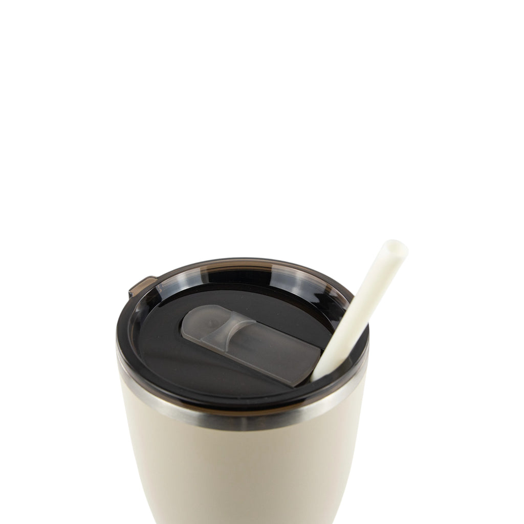 Roco Engraving 30oz beige modern curve tumbler with a black lid and white straw, top-down view.