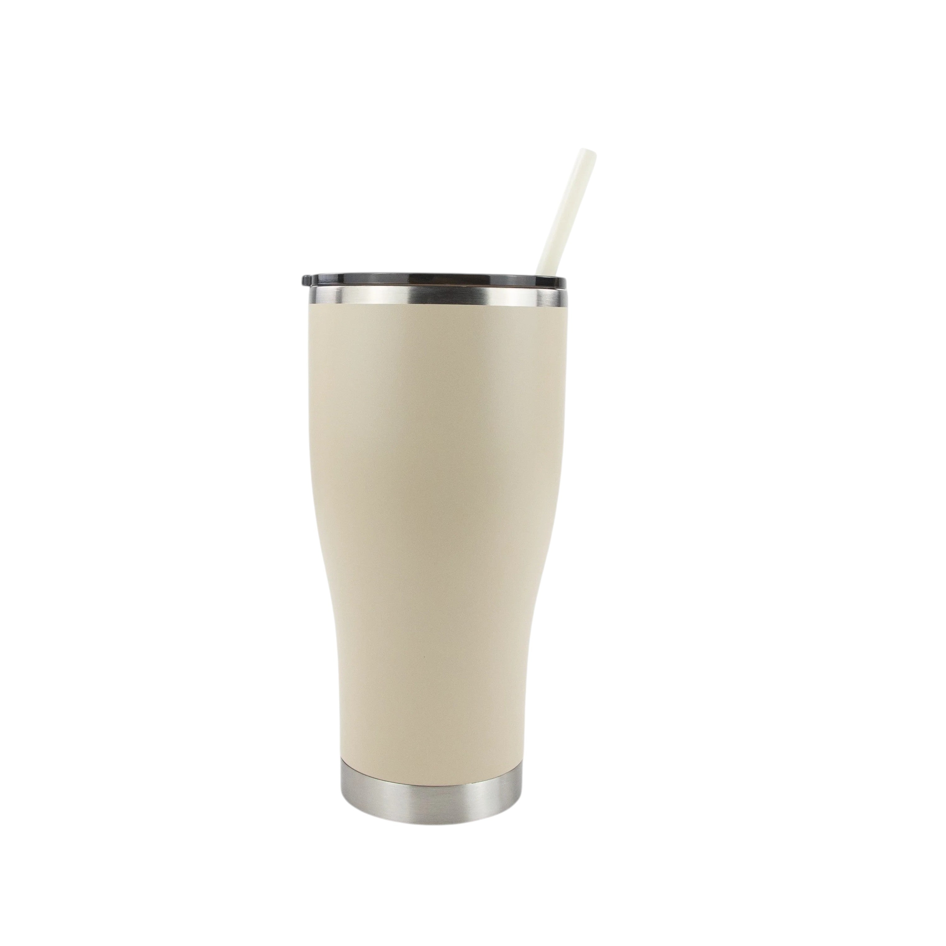 Beige 30oz Roco Engraving modern curve tumbler with a black lid and straw isolated on a white background