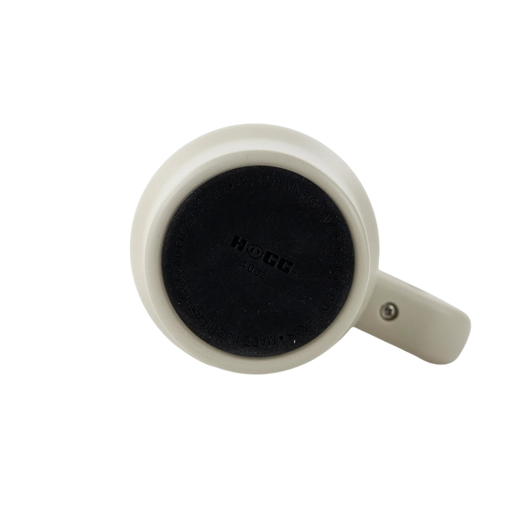 Bottom view of a beige Roco Engraving 40oz Big Swig Tumbler showing the black non-slip base and handle attachment.