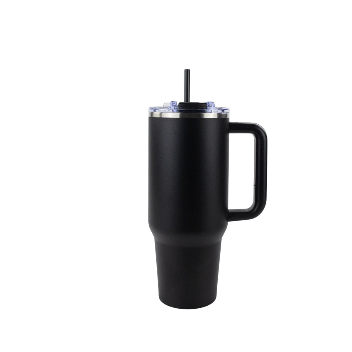 Roco Engraving 40oz black stainless steel tumbler with handle, clear lid, and straw against a white background