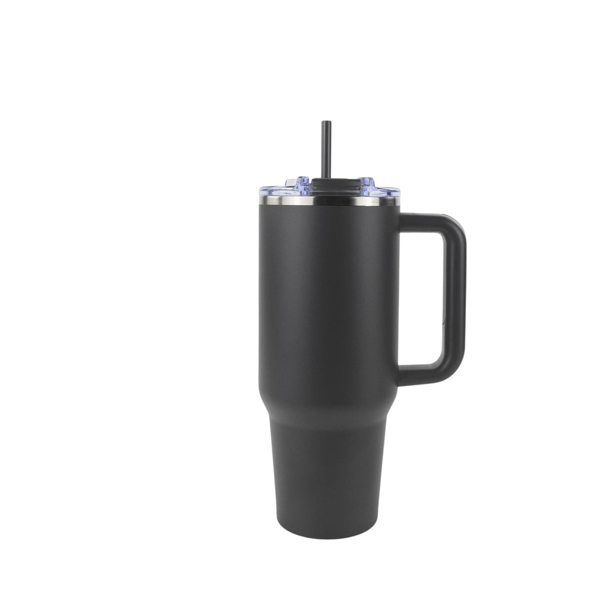 Roco Engraving 40oz Big Swig Tumbler in matte black with a handle, clear lid, and straw on a white background.