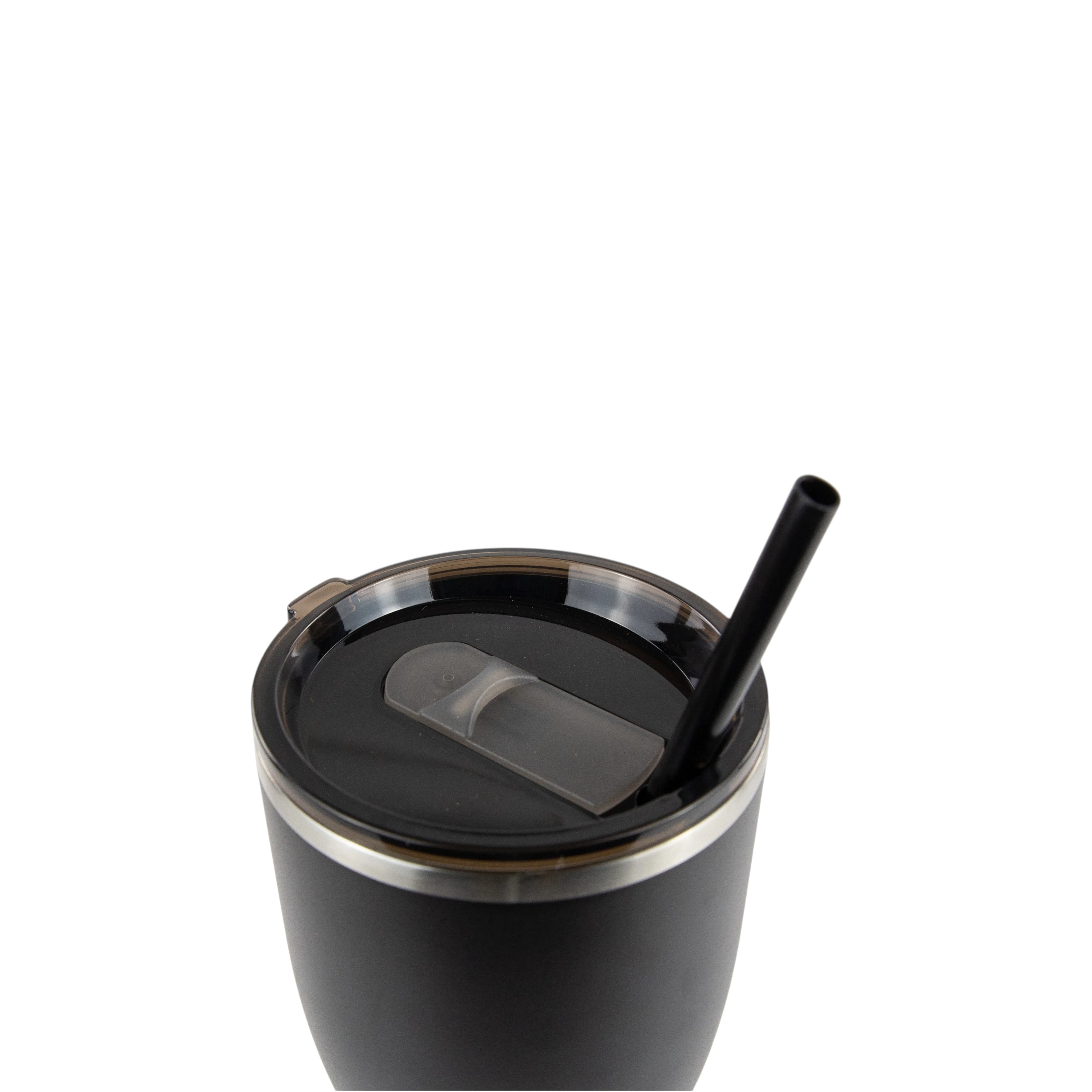 Roco Engraving 30oz modern curve tumbler in matte black with a clear lid and black straw against a white background.