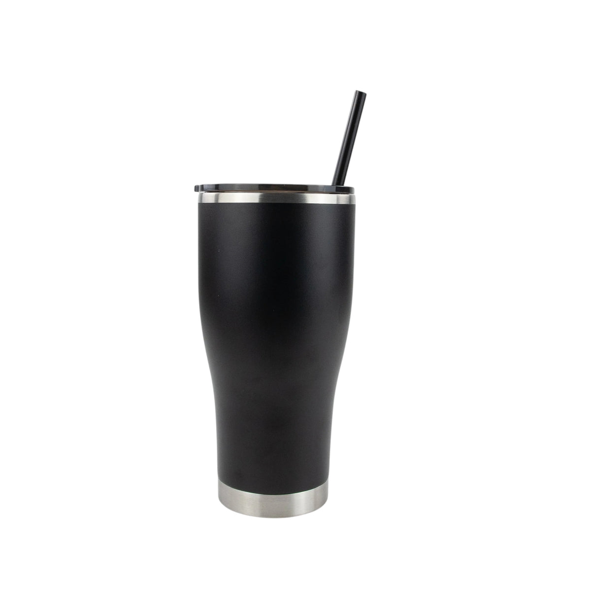 Roco Engraving 30oz black modern curve tumbler with lid and straw isolated on white background