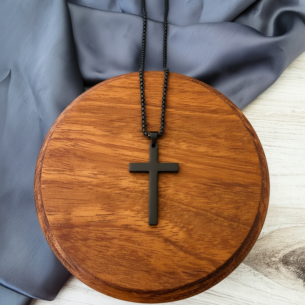 Roco Engraving black stainless steel cross necklace with a box chain resting on a round wooden display stand