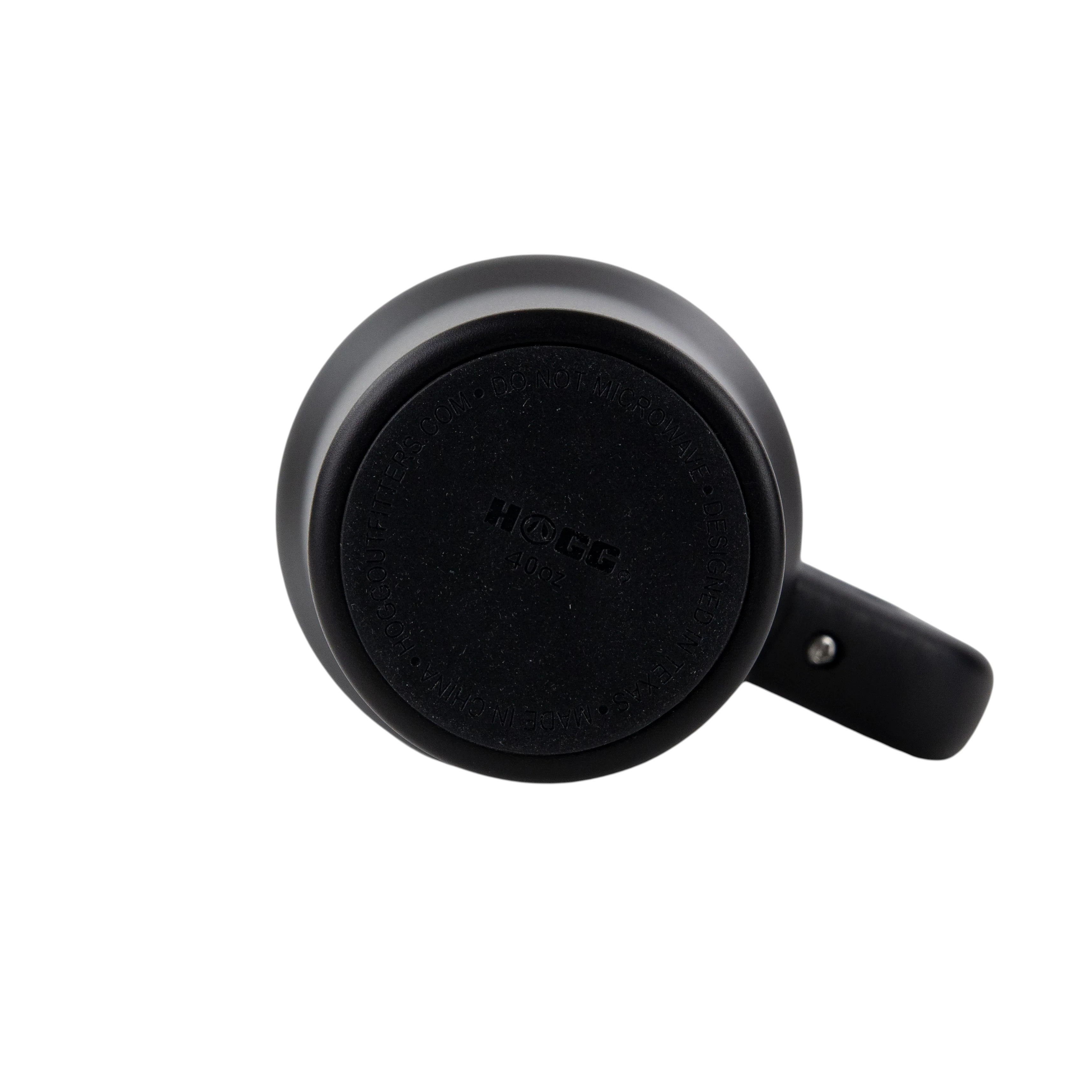 Bottom view of a black 40oz Big Swig Tumbler by Roco Engraving showing the base and handle against a white background.