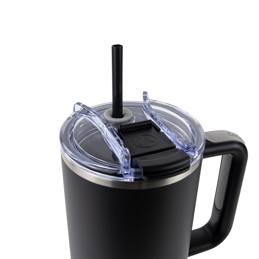 Roco Engraving 40oz Big Swig Tumbler in matte black with a clear lid, black straw, and ergonomic handle.